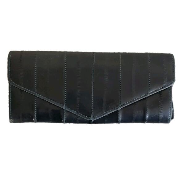 VTG Eel Skin Womens‎ Wallet Black Or Very Deep Green. Green Stitching & Interior - Picture 1 of 16